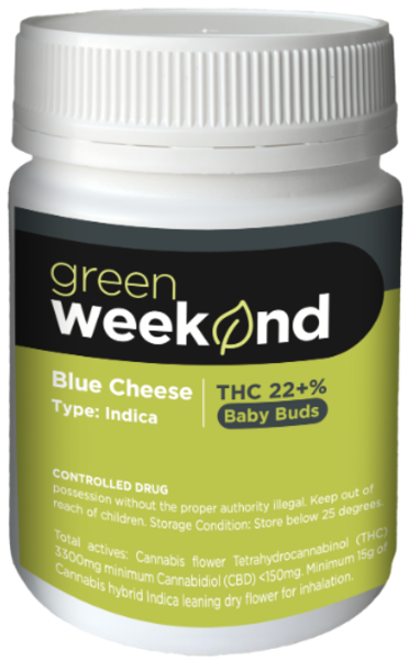 Grandiosa Green Weekend • Blue Cheese (Indica Baby Buds) • 22+% THC • 15g